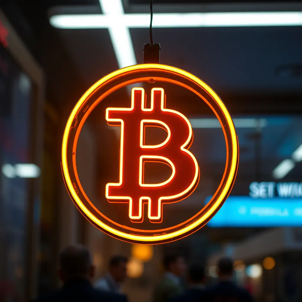 A neon sign depicting the Bitcoin symbol.