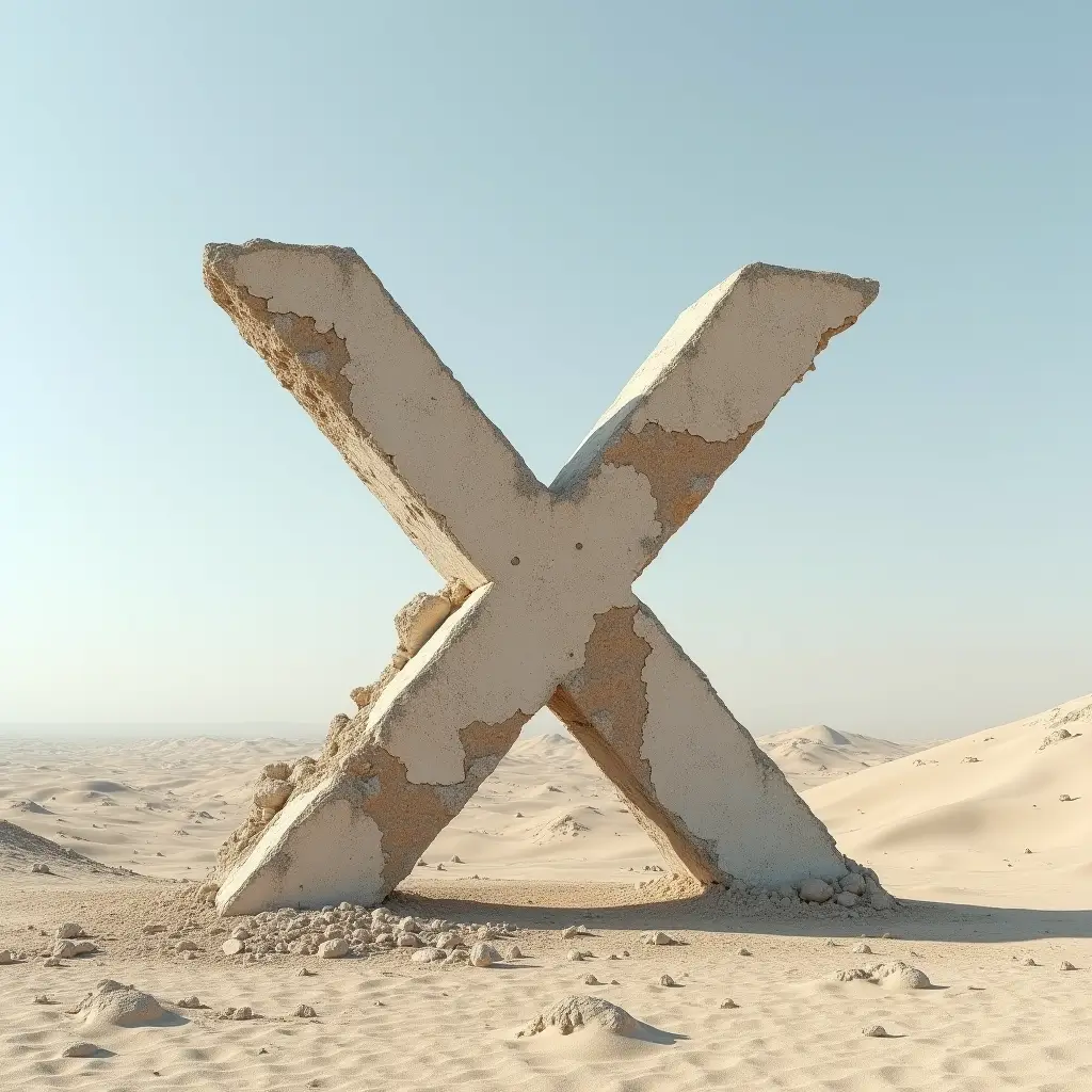 A concrete X crumbling by itself in the desert under a clear blue sky.