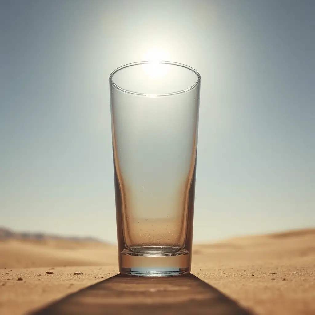 Empty water glass baking in the hot desert sun. Visual representation of a lack of liquidity in the financial markets.