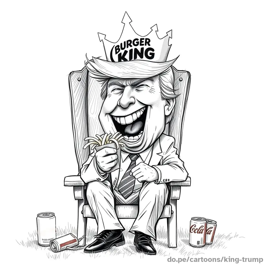 Self appointed 'King' Donald Trump wearing a paper Burger King crown and laughing maniacally.