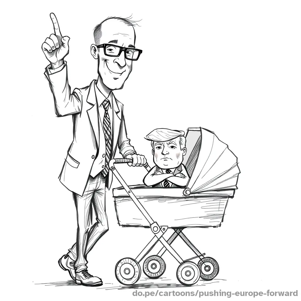 A messy, scribbled pencil-style political cartoon of a tall, skinny bald man with glasses in a business suit (Merz) pushing a giant baby stroller. Inside the stroller, Trump sits with his arms crossed, pouting like a baby. The cartoon is titled 'Pushing Europe Forward.'